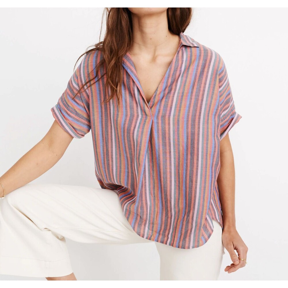 Madewell Courier Button Back Popover Top Rainbow Stripe Size XS Dopamine Coastal